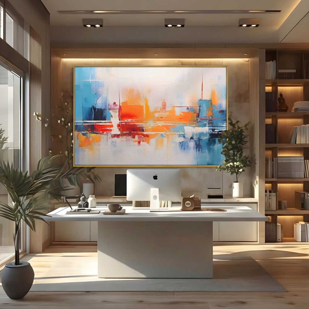 Tablou canvas cu pictura abstracta cu peisaj urban, in rama de aluminiu auriu, pe perete intr-un birou